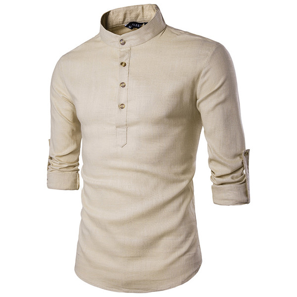 Khaki Cotton Linen Shirt Men 2019 Autumn New Rolled Up Sleeve Mens Casual Dress Shirts Slim Fit Henley Shirt Male Chemise Homme