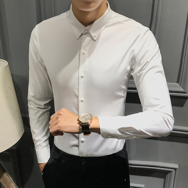 2019 cooton summer business formal casual long sleeve slim fit shirt for men white shirt luxury