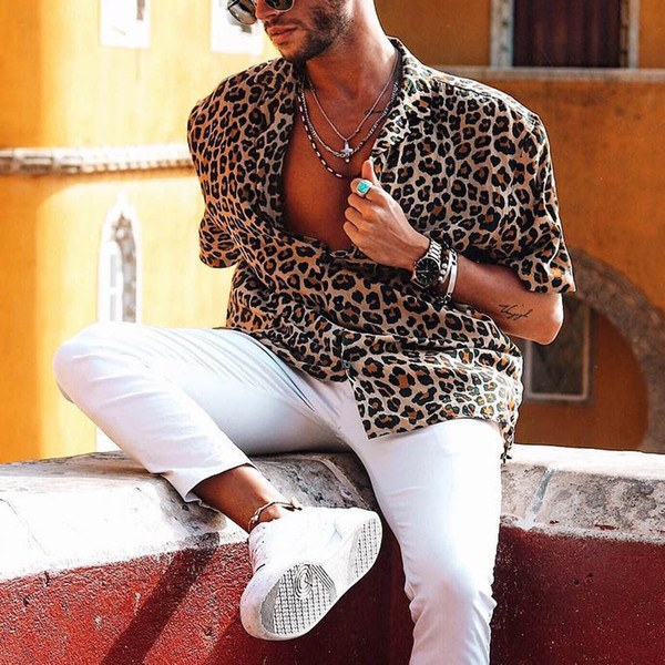 New Arrivals Slim Casual Male Hawaiian Men's Baggy Beach Leopard Print Short Sleeve Button Retro Shirts Tops Blouse S-3XL sales