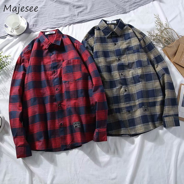 Shirts Men Turn-down Collar Plaid Retro Simple All-match Korean Style Loose Long Sleeves Leisure Harajuku Shirt Mens Clothing