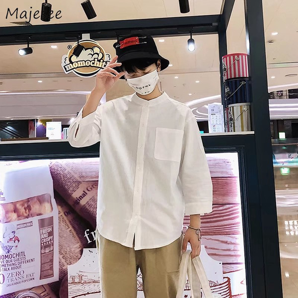 Shirts Men Summer Solid Simple All-match Stand Collar Single Breasted Breathable Shirt Mens Korean Style Ulzzang Leisure Tops