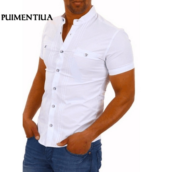 Puimentiua Men Casual Shirts Solid Short Sleeve Cotton Button Down Dress Shirts Turn Down Collar Male Slim Fit Office Party Tops