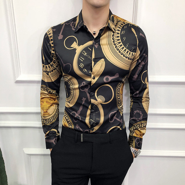 Dropshipping Casual Shirt Men Long Sleeve Gold Shirt 2019 Korean Dress Slim Fit Tuxedo Shirts Male Fashion Night Club Work