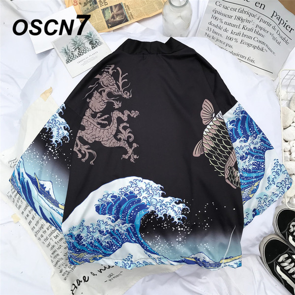 OSCN7 Printed Kimono Cardigan Shirt Men Street Hawaii Beach Three Quarter Sleeve Coat Shirts Harujuku Mens Shirt 8901