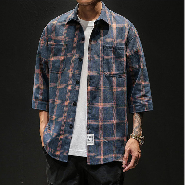 Casual Mens Three Quarter Shirt Japanese Streetwear Plaid Stripe Korean Shirt for Men Flannel Vintage Chemise Men Clothes