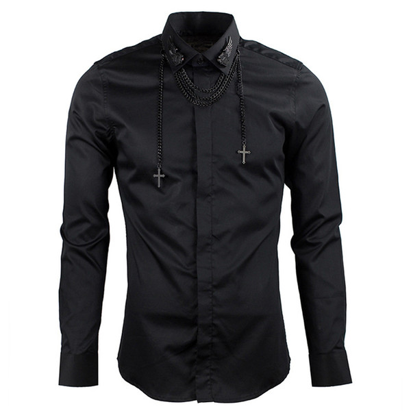 100% Pure Cotton Shirt Men Brand Business Male Dress Shirts Long Sleeve Slim Casual Camisa Masculina Metal Chain Decoration