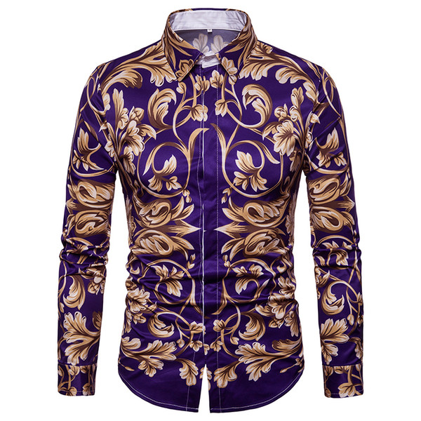 Gold Foral Print Shirt Men 2019 New Slim Fit Long Sleeve Camisa Masculina Gold Black Chemise Homme Social Men