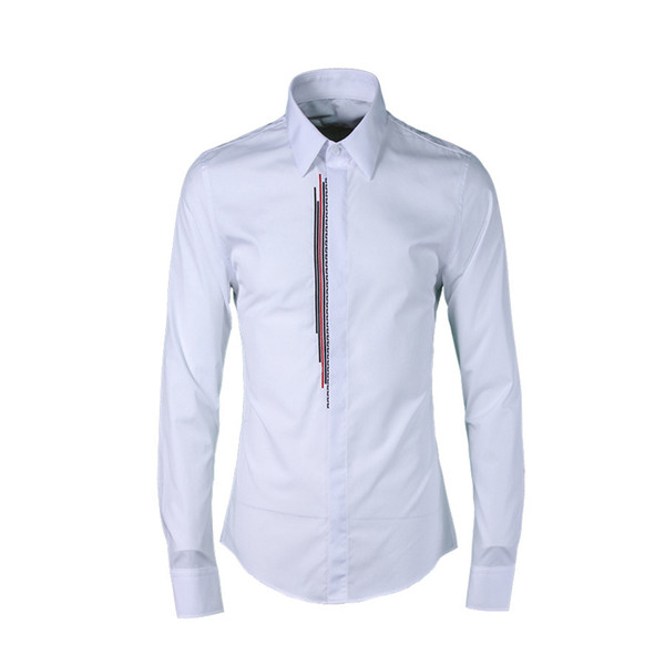 Red Black Vertical Embroidery Business Male Dress Shirt High Quality Long Sleeve Slim Casual Camisas Plus Size Men Shirts