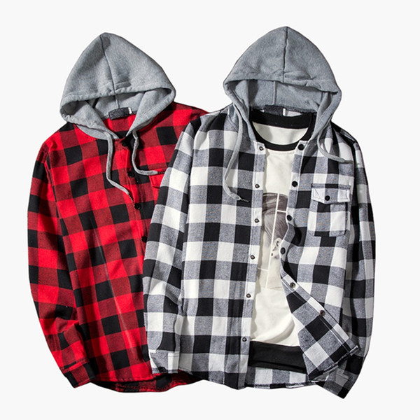 LASPERAL Men's Fashion Shirt Cotton Hooded Plaid Shirt Male Casual Streetwear Pocketed Cowboy Slim Fit Full Sleeve Shirts