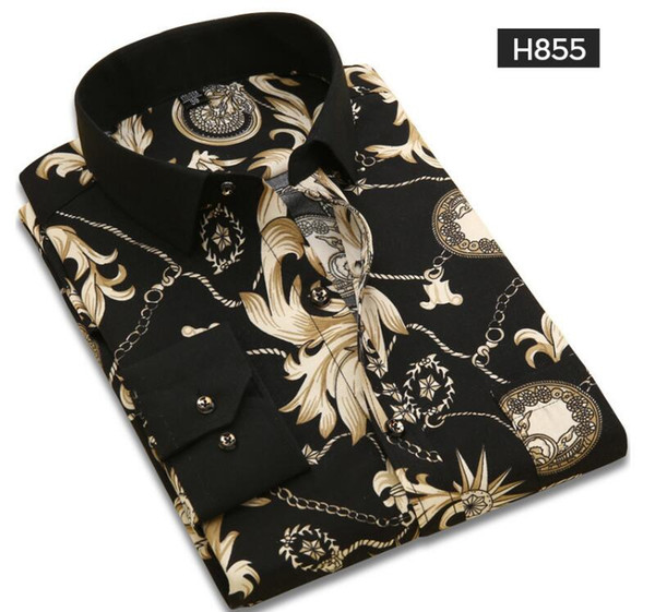 2019 spring and autumn new micro-elastic men's shirt long-sleeved business men's slim fashion square collar floral shirt male