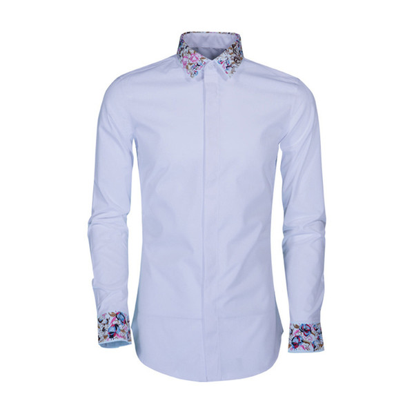 Colorful Embroidery Collar Cuff Men Shirt Long Sleeve Slim Casual Chemise Homme Solid 80% Cotton Business Male Dress Shirts 