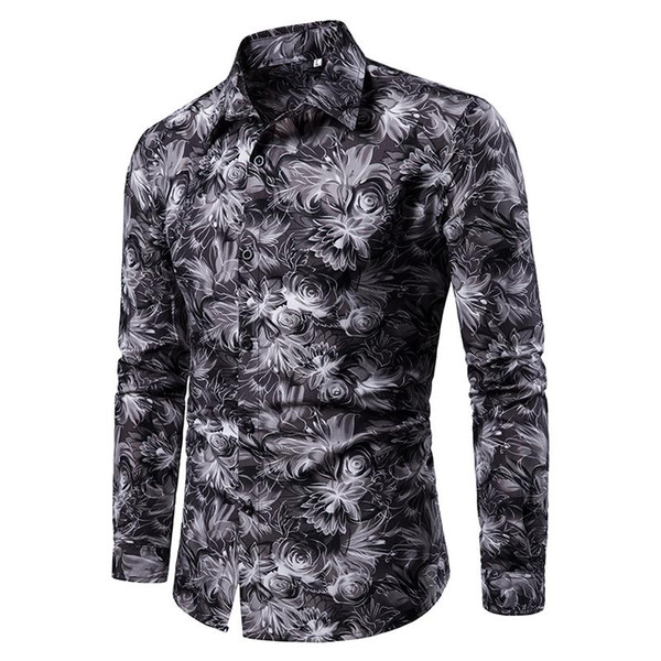 Floral Blouse Men Long sleeve Casual Camiseta Blue black New Hawaiian Shirt Mens Clothes Flower Shirt Male