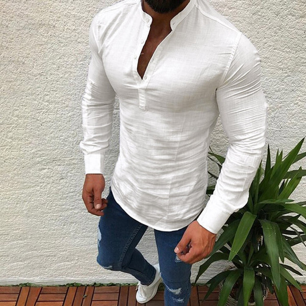 Men's Shirts Cotton Linen Shirt Men Long Sleeve V Neck Button Up Shirts Male Casual Business Fit Blouse Men Shirt style 