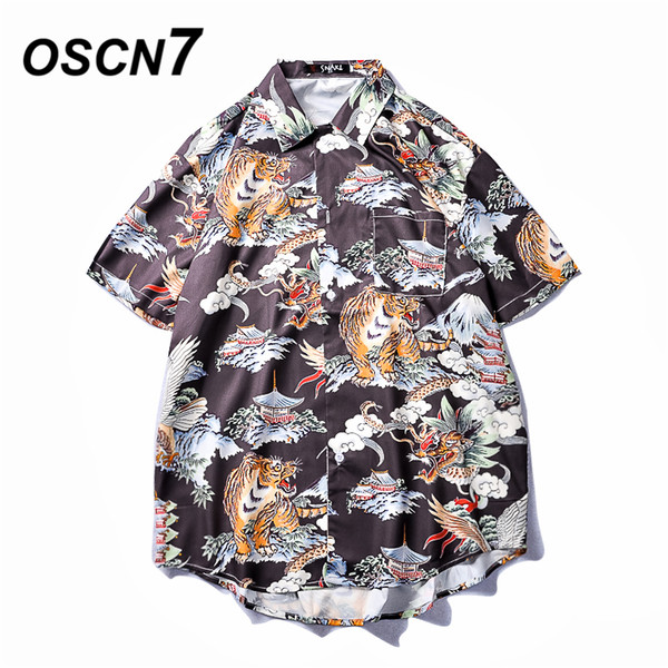 OSCN7 Printed Shirts Men Street Short Sleeve 2019 Summer Fashion Beach Mens Shirt Loose Casual Korea Chemise Homme 662