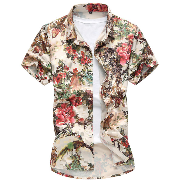 Fashion Floral Printed Shirts 2018 Summer Beach Shirts Men Chinese style casual Short-sleeve Hawaii Turn-down Collar Tops