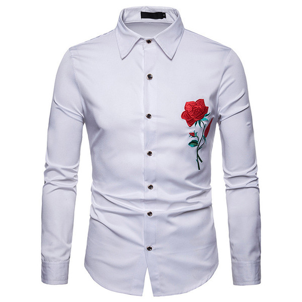 Hot Sales Fashion Men Shirt Clan Wind Rose Embroidery Casual Slim Fit Male Shirts Turn-Down Collar Men long sleeve Shirt