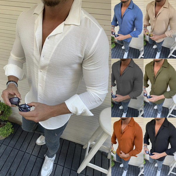 New Turn down Collar men's long sleeve fashion shirt Solid Color mens casual shirt Wish Amazon hot sale