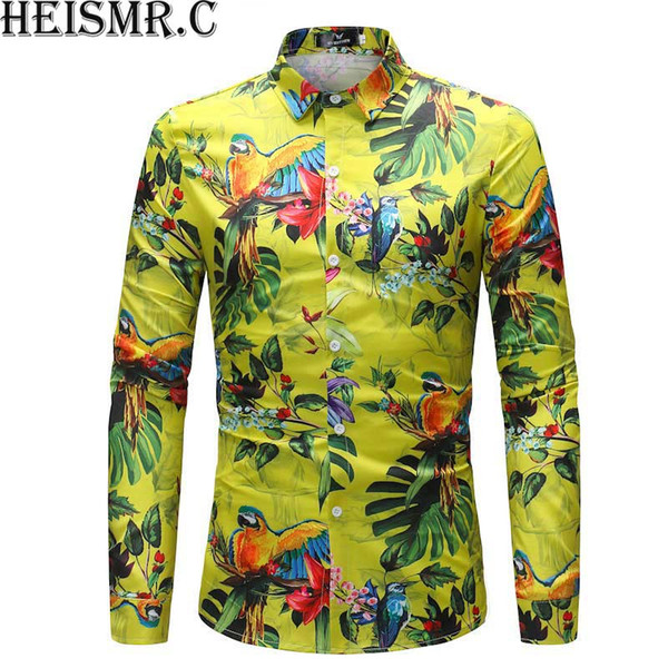 2018 Mens Luxurious Shirt 3D Parrot Print Tuxedo Shirt Men's Long Sleeve Slim Fit Brand Dress Camiseta Masculina BDK101