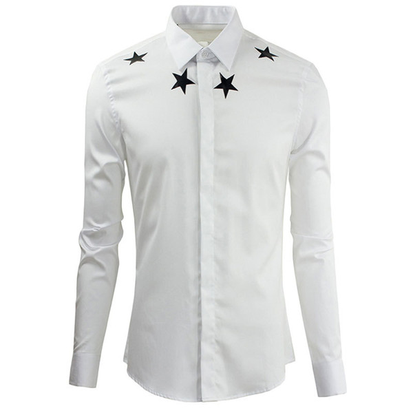 Wholesale- Mens Solid White Shirts 2016 Fashion Design Mens Long-Sleeved Slim Shirts Autumn Casual Stars Printed Camisas Hombre