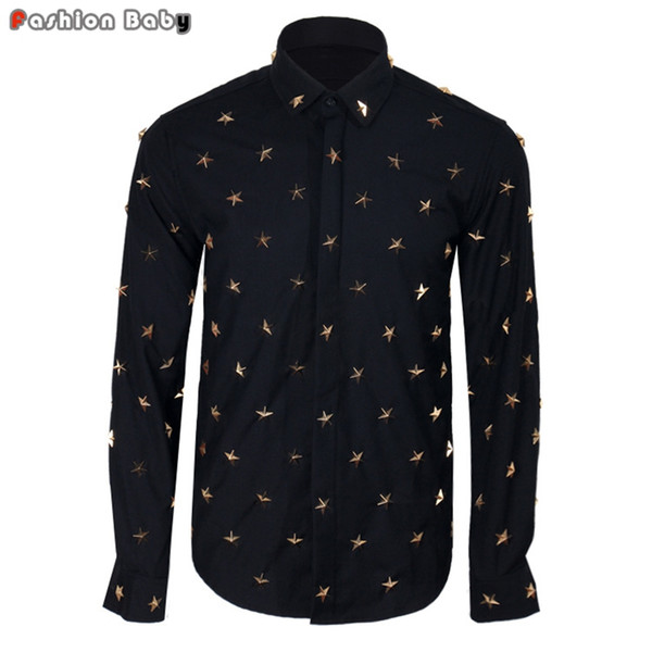 Wholesale- Top Quality Men's Metal Stars Rivets Long Sleeve Dress Casual Shirt Black Cool Euro American Fashion Party Shirts Quality