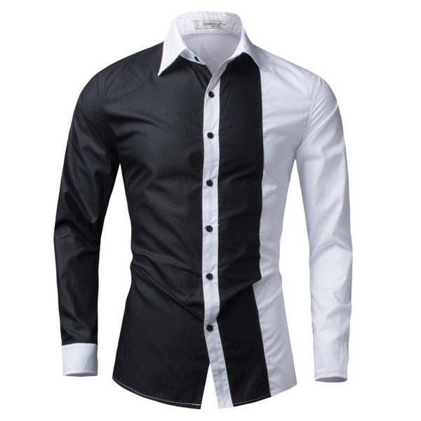 Wholesale- Men Shirt Long Sleeve 2016 Brand Shirts Men Casual Male Slim Fit Fashion Spell Color Chemise Mens Camisas Dress Shirts 4XL