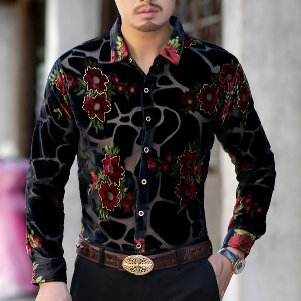 Gold Black Leopart Print Shirt Velvet Transparent Shirt Men 2018 Autumn Long Sleeve Business immiate silk flower men