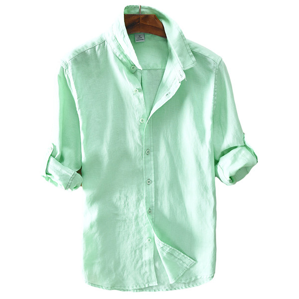 2018 New arrival linen shirt men solid green long shirt mens 100% flax casual men shirts brand soft shirts male clothes chemise