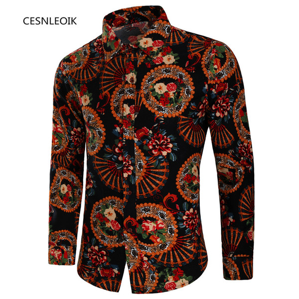 Mens Beach Hawaiian Shirt Tropical Summer Long Sleeve Shirt Men Brand Clothing Casual Loose Cotton Button Down Shirts Plus C8824