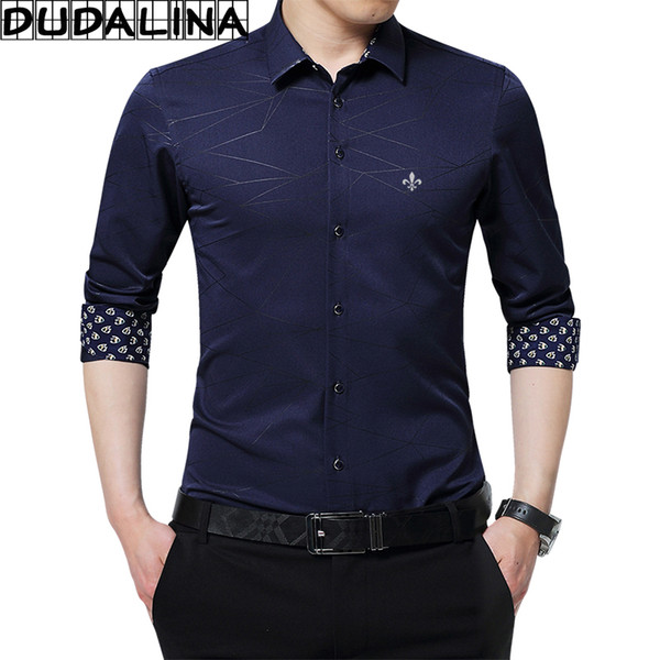 DUDALINA Geometric Men Clothes Slim Fit Men Long Sleeve Shirt Collar Printe Casual Social Shirt Plus Size Imported China