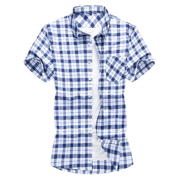 Plus Size M-7XL Mens Dress Shirts Plaid Shirt Mens Clothing Casual Blouse Men Blue Summer New