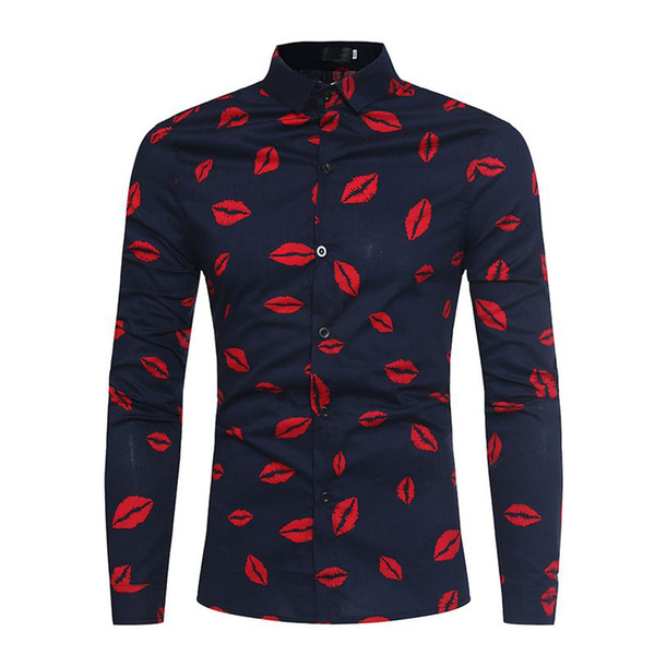 Popular Fashion Lip Print Long Sleeve Men Dress Shirts Slim Fit Camisa Masculina Inner Cloth Chemise Homme Social Blusas 3XL