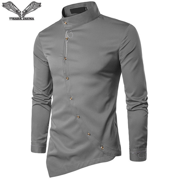 VISADA JAUNA New Men's Fashion Cotton Long Sleeved Shirt Solid Color Slim Fit Shirts Men Casual Irregular Man Dress N8931