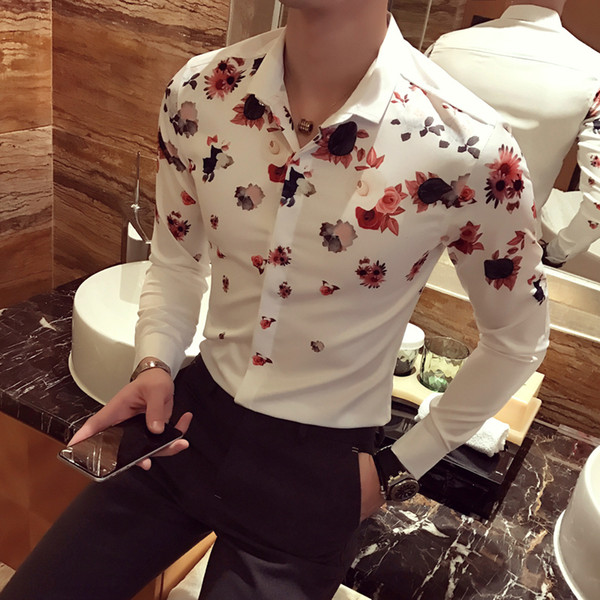 Wholesale- Flower Print Shirts Mens Fancy Camisa Slim Fit Mens Long Sleeve Shirts Fashion camisa xadrez masculina vetement homme Club