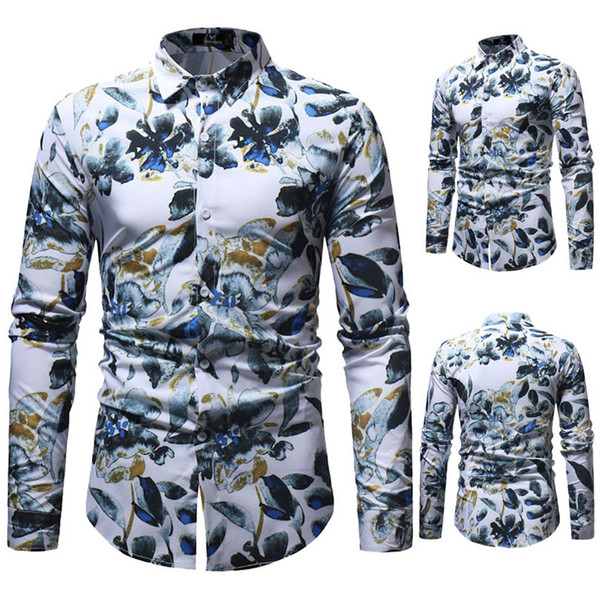 Fashionable Man Fashion Printed Blouse Casual Long Sleeve Slim Shirts Tops Outwear Casual Spring Winter Hot sale White #4F12