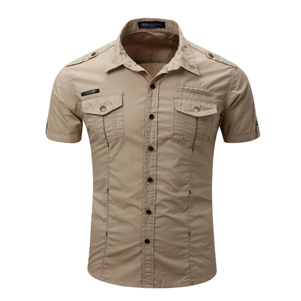 Mens Casual Short Sleeve Work Shirt, Button Down Army Style Shirt, Two Pockets Man Shirt