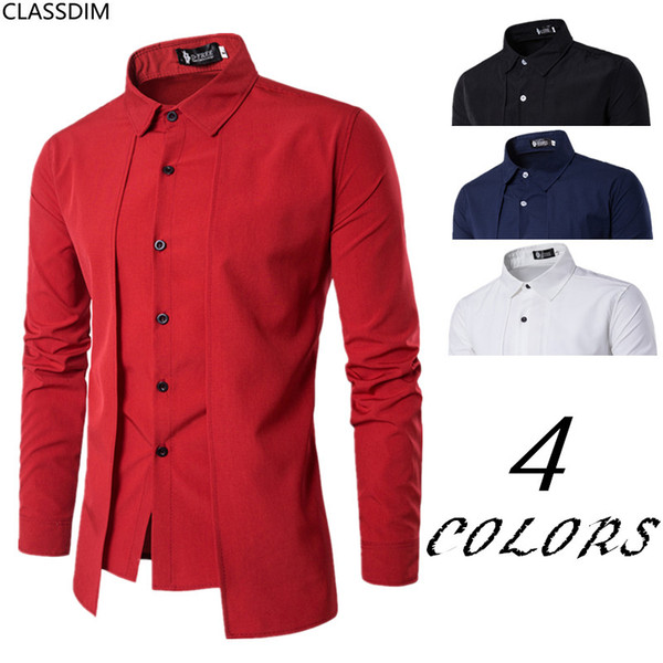 Men's fake two solid color casual shirts Men's skinny cotton shirt fashion Teen fashion novel 4 colors Size M-2XL