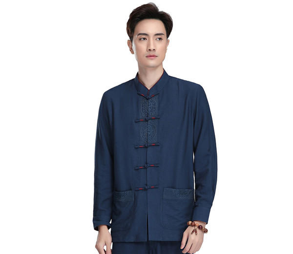 Shanghai Story 2022New Sale Linen Chinese Traditional Kung Fu Tops Long Sleeve Tang Suit Clothing For Men Linen Chinese Shirt Martial Arts