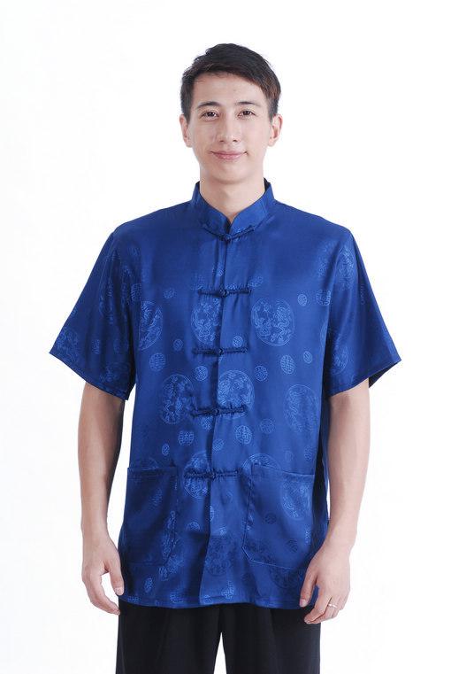 Shanghai Story Chinese traditional clothing for men chinese top blue kung fu shirt mandarin collar shirt Faux silk shirt for man