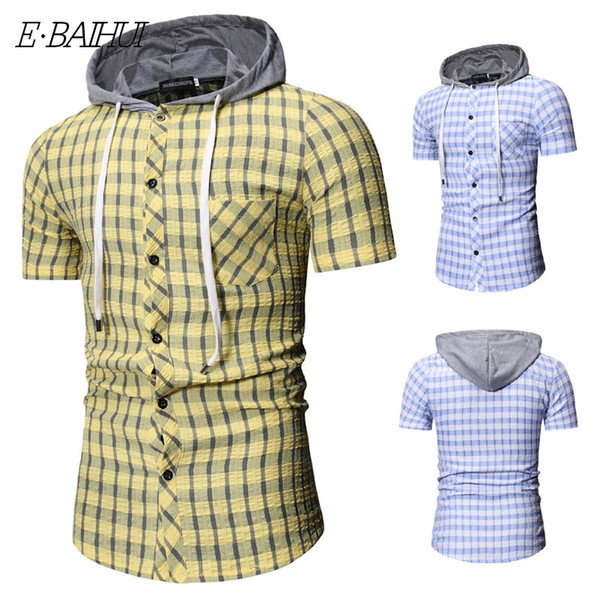 E-BAIHUI Fashion Plaid Hoodie Shirt 2019 Men Slim Fit Shirts Pocket Short Sleeve Casual Summer Chemise Mens Oversize Shirt DS04