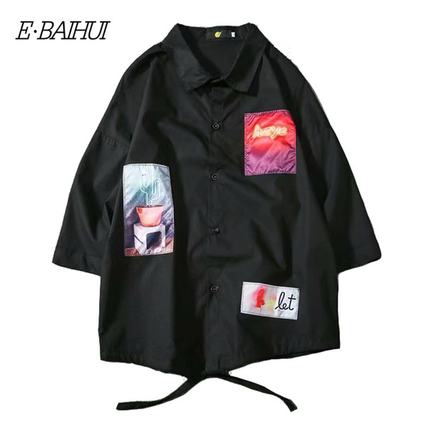 E-BAIHUI Shirt Men Summer Print Short-sleeve 5 Fifth Sleeve Shirt Black and White Patch Men Tops Pocket Casual Shirt CE-C209