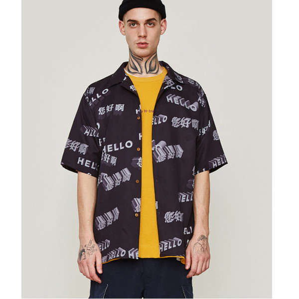 VFIVE UNFOUR Spring Summer Printed Funny Casual Shirt Hight Street Loose Fit Shirt Hello Print 2019 New Arrivals Harajuku Couple Shirts