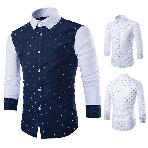 Wholesale- Men's Fashion Skull Prints Long Sleeve Casual Patchwork Button Down Dress Shirt smt 87