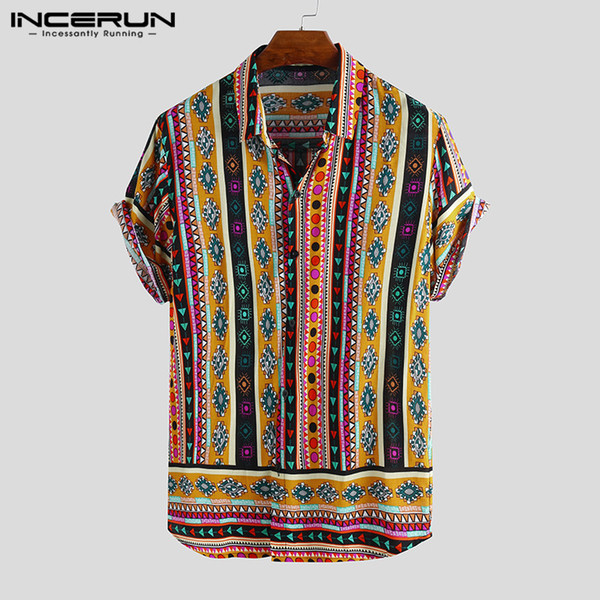 2019 Ethnic Style Printed Men Shirt Loose Short Sleeve Lapel Neck Casual Blouse Men Tropical Hawaiian Shirt Streetwear INCERUN