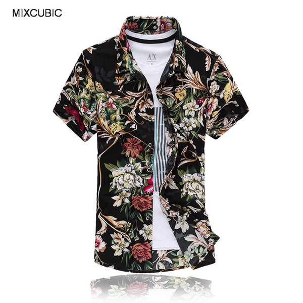 Wholesale- MIXCUBIC summer Mercerized flowers printed shirts men black loose Floral printing Glossy short-sleeved shirts men size L-7XL