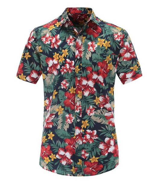 Green Flower Printed Summer Slim Tops Men Shirt Beach Hawaiian Men Dress Shirt Short Sleeve Print Casual US Size