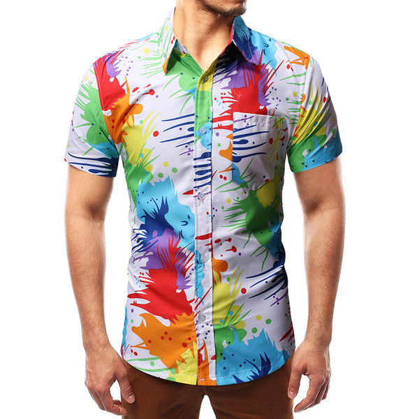 new Summer men Trendy Slim Short Sleeve Shirt Irregular color printing Beach Hawaiian Shirts Mens Casual tops Clothing