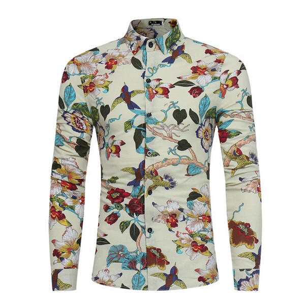 Flower Birds Printed Tops Spring Wear Men Shirt Dinner Party Clothing Male Casual Blouse Long Sleeve Fashion Boy Shirts Vintage