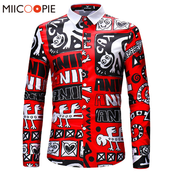 Spring Trend Shirts Men Letter Monster Print Shirt Long Sleeve Camisa Masculina Male Business Hawaiian Long Sleeve Dress Shirts