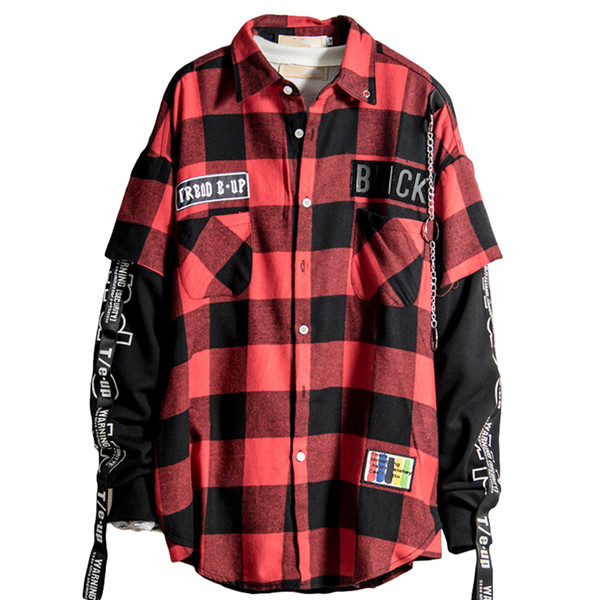 Red And Black Plaid Patchwork Shirt Men Patterned Hip Hop Checkered Shirt Streetwear Men Button Up Shirts Korean Fashion 6C004