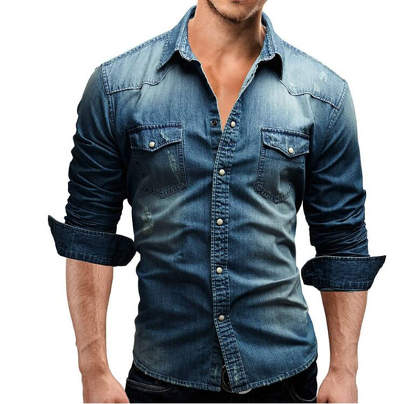 Men Jean Shirts 2017 Male Long Sleeve Shirts Casual Solid Color Denim Slim Fit Dress Shirts Mens 3XL